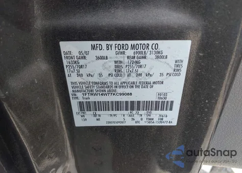 2007 Ford F-150 Xlt from USA, damaged, VIN 1FTRW14W77KC99088